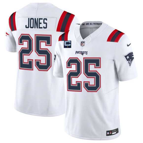 Mens New England Patriots #25 Marcus Jones White 2025 F.U.S.E. With 1-Star C Patch Vapor Limited Stitched Jersey Dzhi