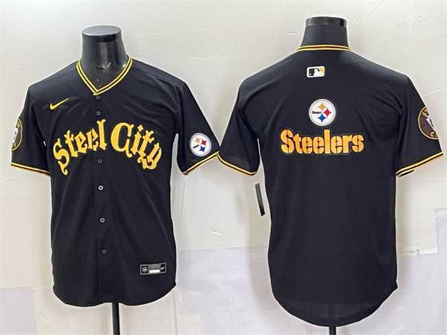 Mens Pittsburgh Steelers Team Big Logo Black 412 Patch Vapor Premier Limited Stitched Baseball Jersey