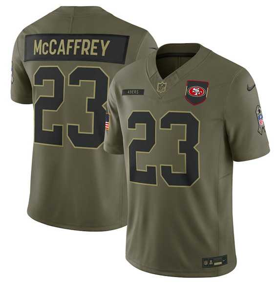 Mens San Francisco 49ers #23 Christian McCaffrey Olive 2025 Salute to Service Limited Stitched Jersey Dyin