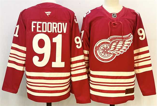 Mens Detroit Red Wings #91 Sergei Fedorov Red 2025-26 Centennial Premium Stitched Jersey