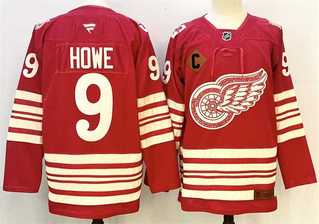 Mens Detroit Red Wings #9 Gordie Howe Red 2025-26 With C Patch Centennial Premium Stitched Jersey