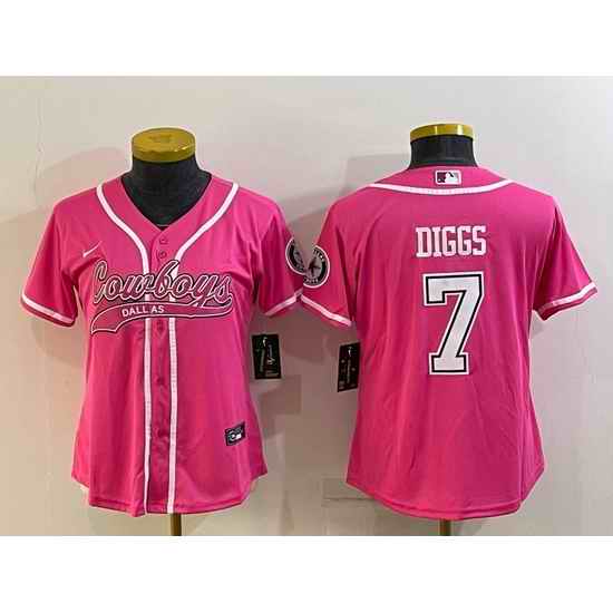 Women Dallas Cowboys #7 Trevon Diggs Pink With Patch Cool Base Stitched Baseball Jersey