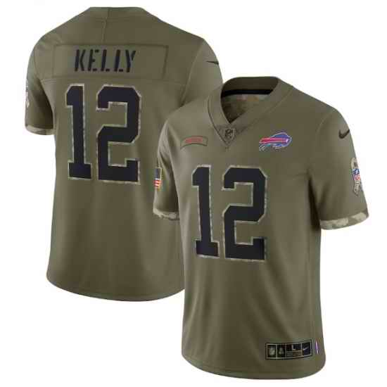 Men Buffalo Bills #12 Jim Kelly Olive 2022 Salute To Service Limited Stitched Jersey