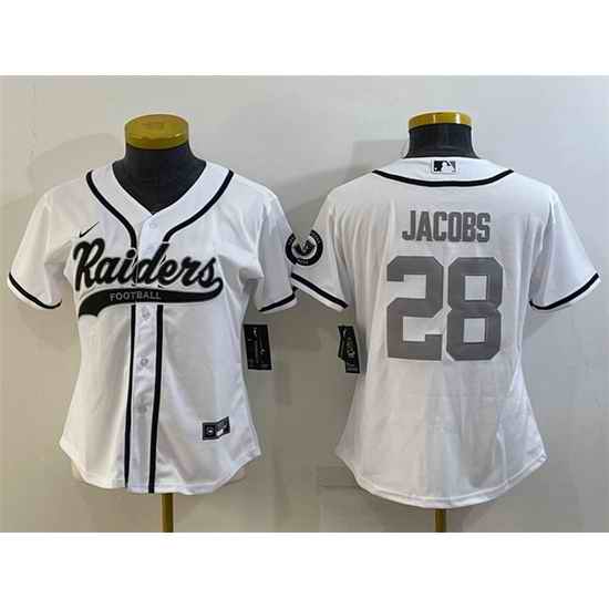 Women Las Vegas Raiders #28 Josh Jacobs White Silver With Patch Cool Base Stitched Baseball Jersey