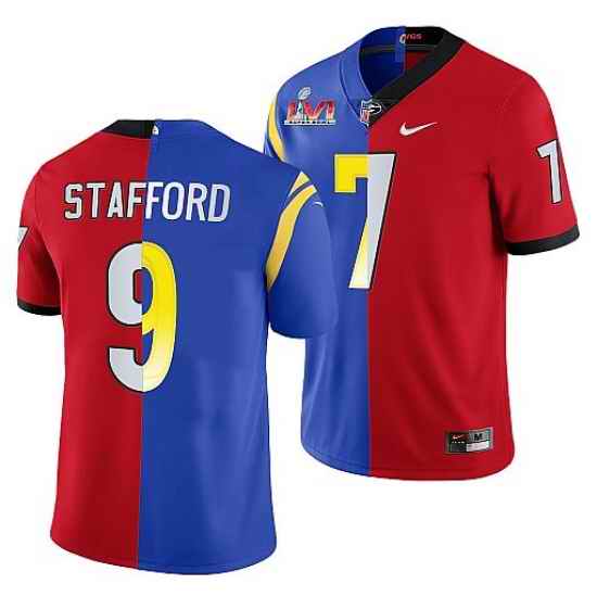 Men Los Angeles Rams X Georgia Bulldogs #9 Matthew Stafford Red Royal Split Super Bowl LVI Stitched Jerse