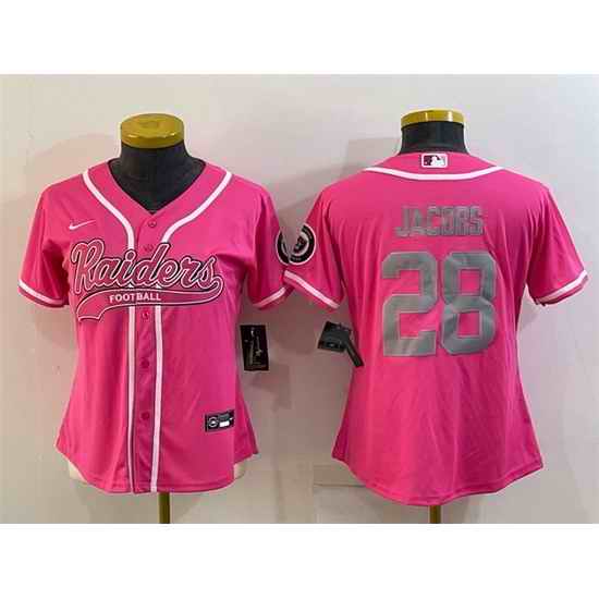 Women Las Vegas Raiders #28 Josh Jacobs Pink Silver With Patch Cool Base Stitched Baseball Jersey