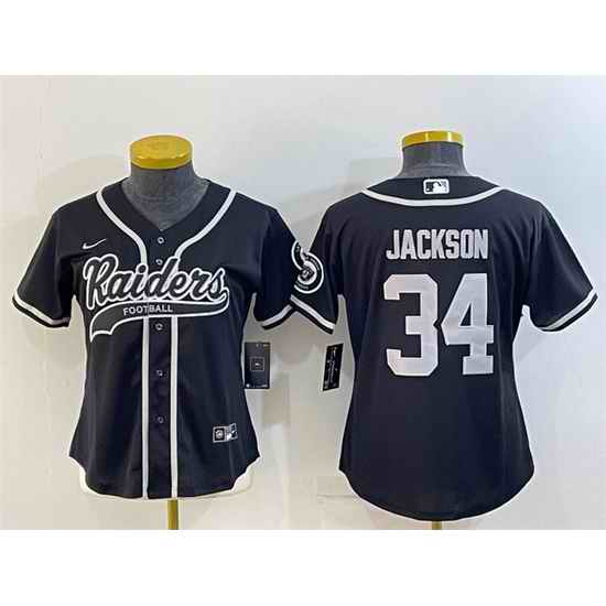 Women Las Vegas Raiders #34 Bo Jackson Black With Patch Cool Base Stitched Baseball Jersey