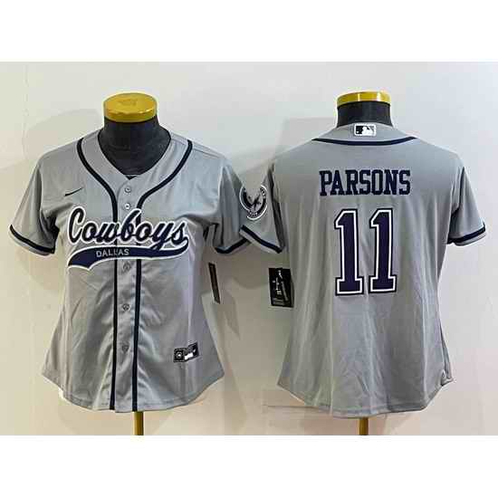 Women Dallas Cowboys #11 Micah Parsons Grey With Patch Cool Base Stitched Baseball Jersey