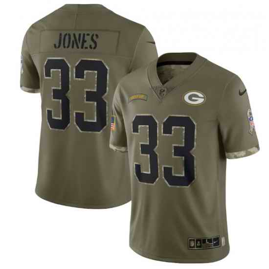 Men Green Bay Packers #33 Aaron Jones Olive 2022 Salute To Service Limited Stitched Jersey