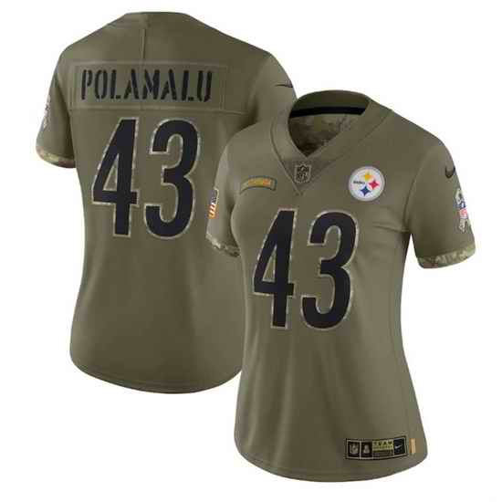 Women Pittsburgh Steelers #43 Troy Polamalu Olive 2022 Salute To Service Limited Stitched Jersey