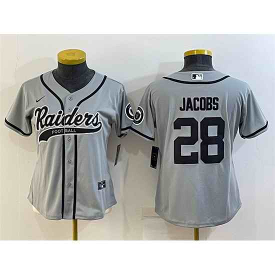 Women Las Vegas Raiders #28 Josh Jacobs Grey With Patch Cool Base Stitched Baseball Jersey