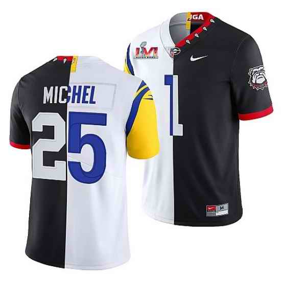 Men Los Angeles Rams X Georgia Bulldogs #25 Sony Michel Black White Split Super Bowl LVI Stitched Jerse