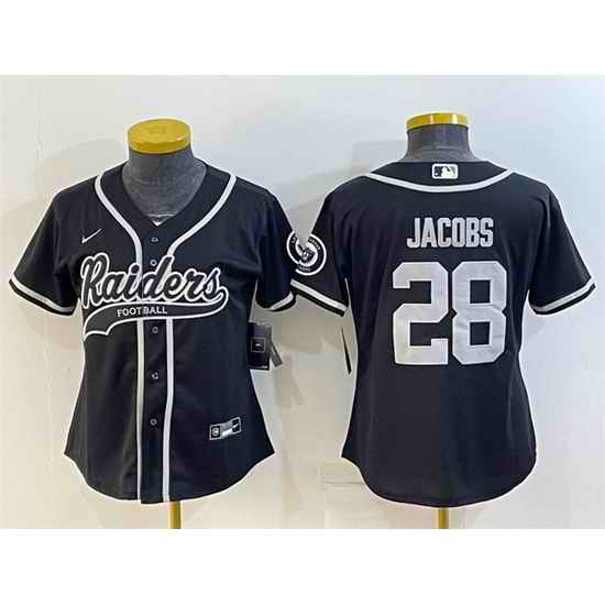 Women Las Vegas Raiders #28 Josh Jacobs Black With Patch Cool Base Stitched Baseball Jersey