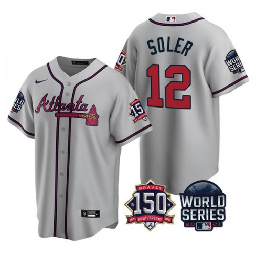 Atlanta Atlanta Braves #12 Jorge Soler Men’s Nike 150th Anniversary 2021 World Series Game MLB Jersey – Grey Men’s