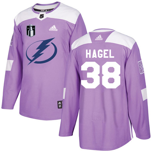 Adidas Tampa Bay Lightning #38 Brandon Hagel Purple Authentic 2022 Stanley Cup Final Patch Fights Cancer Stitched Youth NHL Jersey Youth